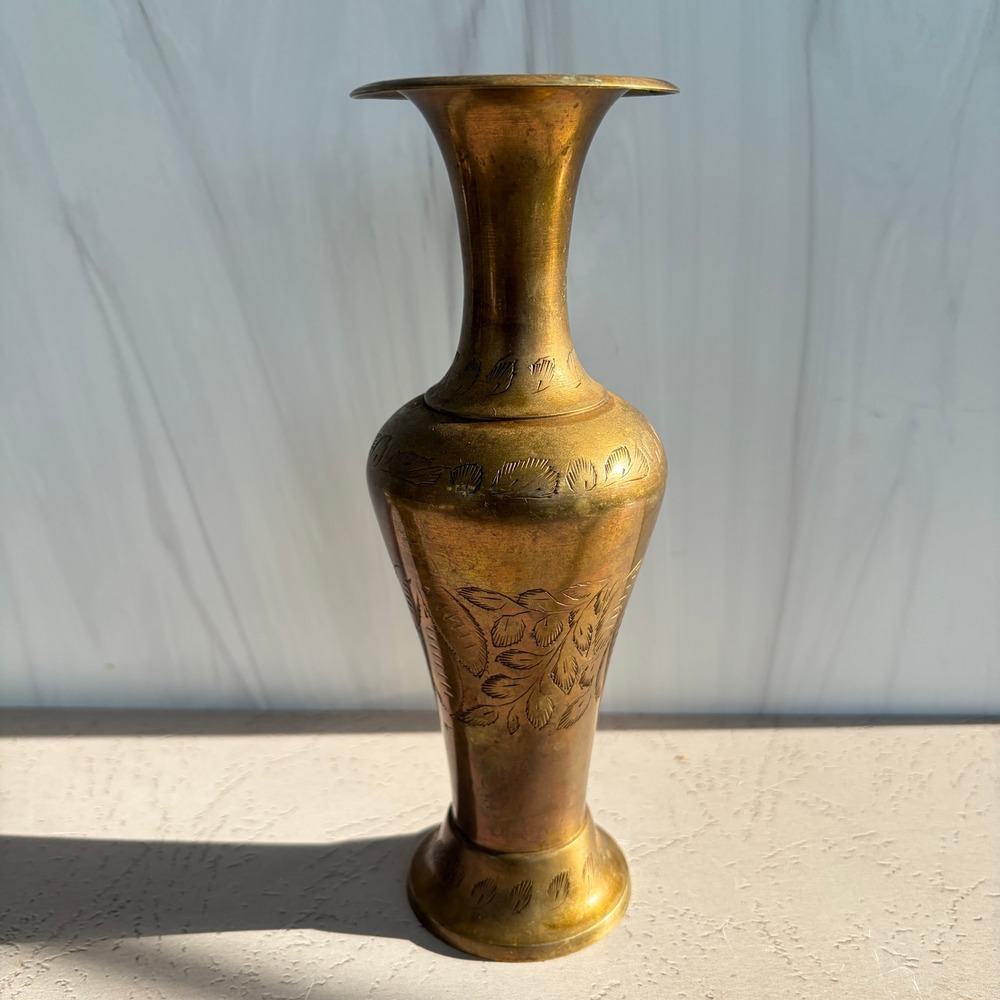 Vintage Etched Brass Bud Vase Hand Engraved Floral Design 8.5 Inch Gold Tone